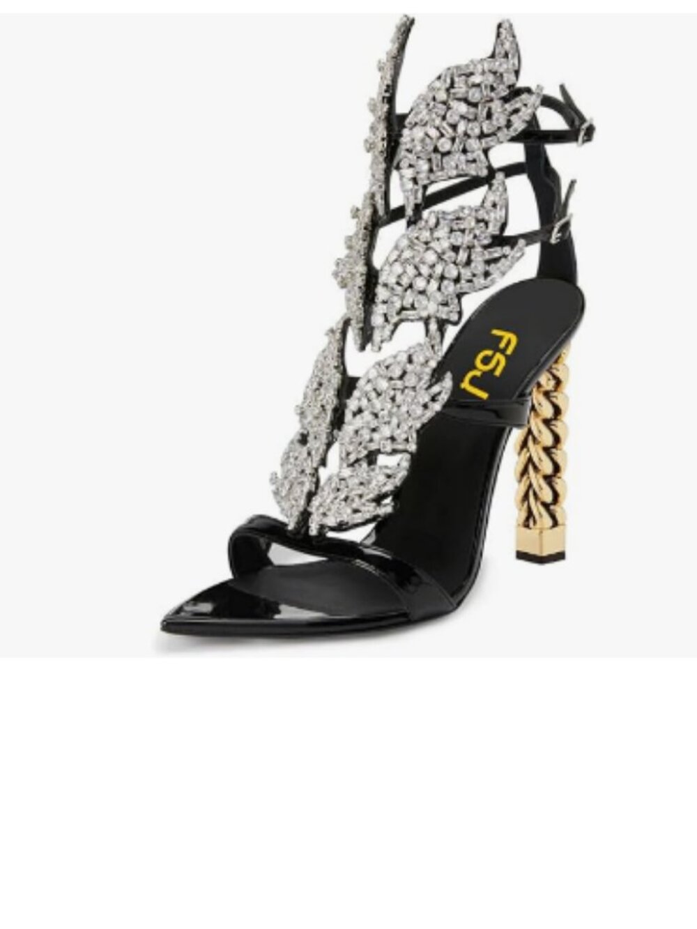 FSJ Black Flame Crystal Gold Metal Chain Thick High Heel Sandals Open Toe Shoes